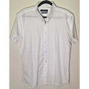Zara Men Shirt White 100% Cotton Short Sleeve Button Down‎ SZ L Slim Fit